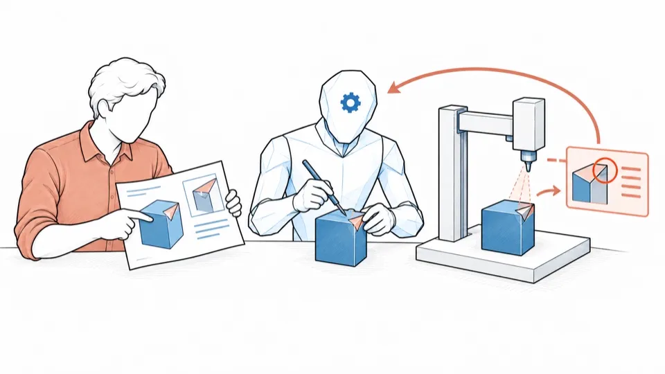 A person and an AI assistant work together; a machine sends them back a precise correction.