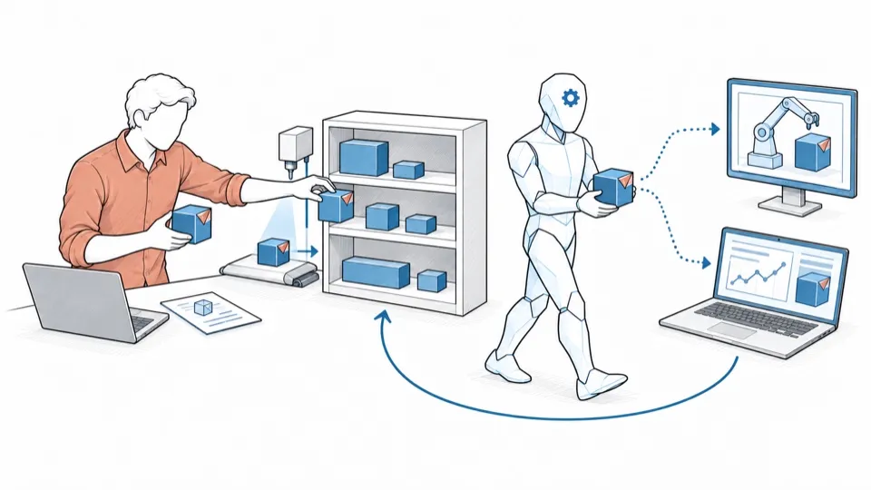 A person shelves a validated brick in a library where an AI assistant picks it up again for new applications.