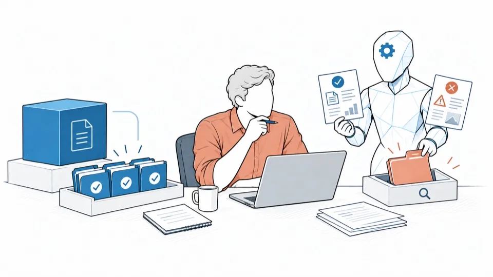 Folders sort themselves; an AI assistant submits the doubtful case to a person.