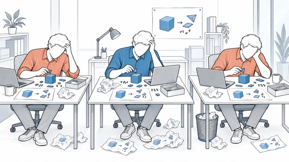 Three people, each at their own desk, remake the same bricks among crumpled drafts.