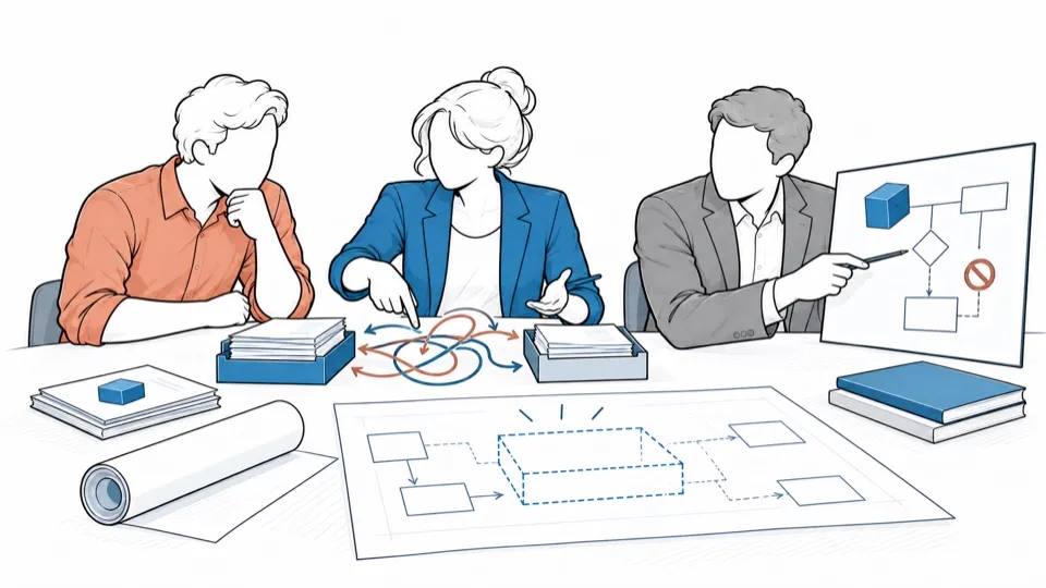 Three people untangle intertwined flows between two piles of files; one points to a diagram, and the plan of the future brick is still dotted.