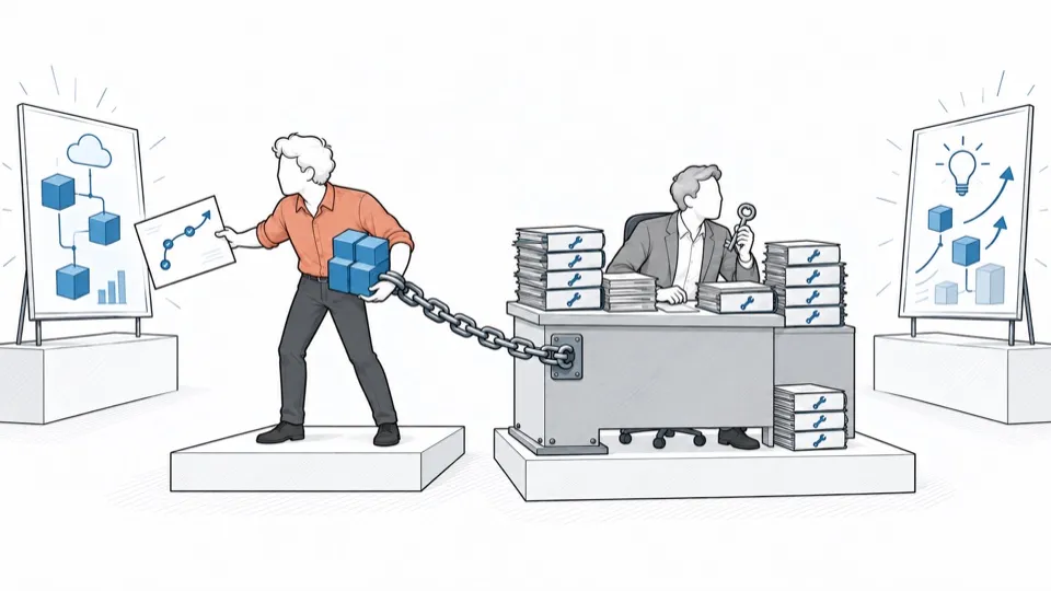 A person, chained to a desk loaded with archives, cannot join the projects around them.