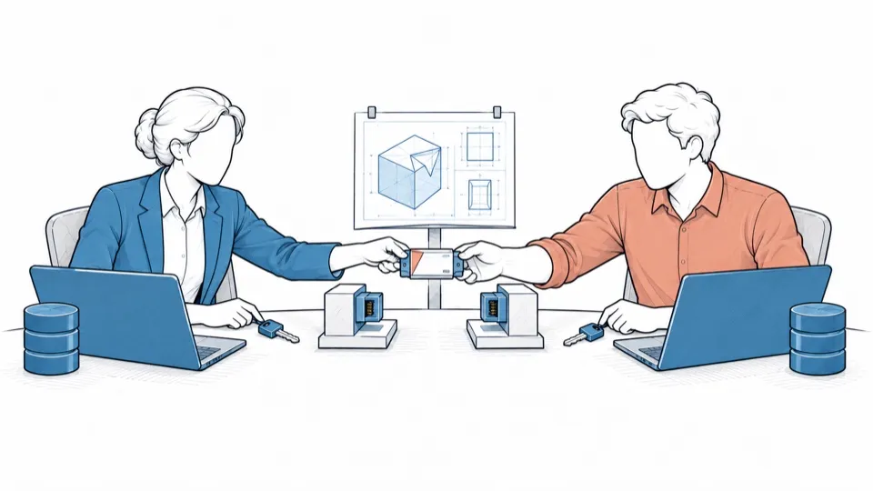 Two people pass a brick through a shared connector; each keeps their data and their keys.