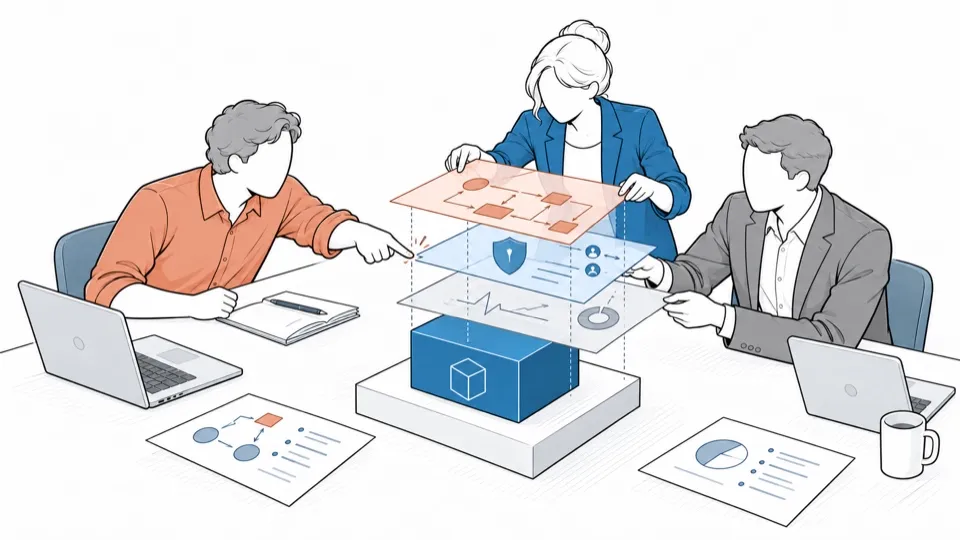 Three people layer their constraints, like tracing sheets, above the same brick.
