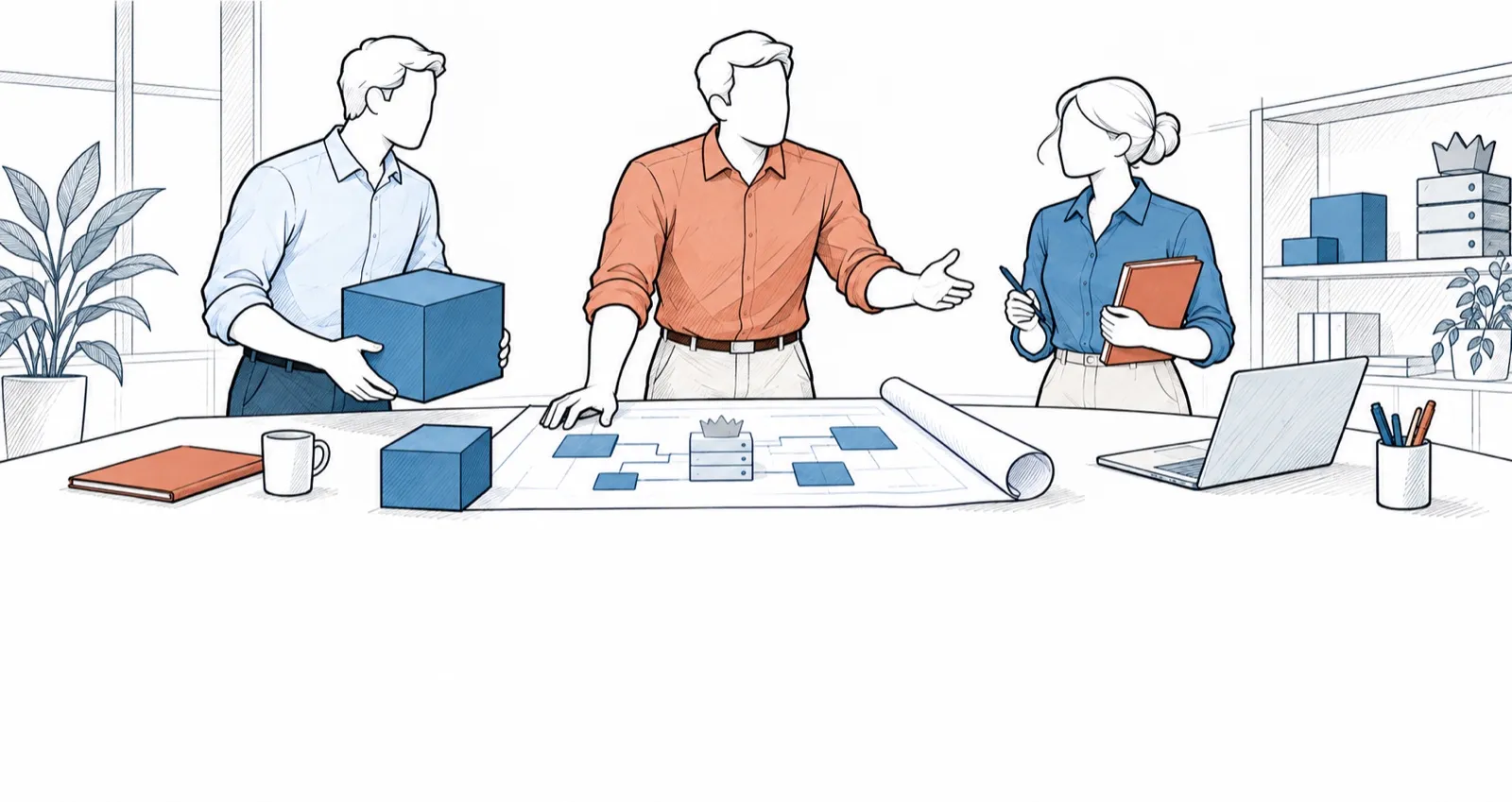 Three people around a table pool an intention, an application and a plan.