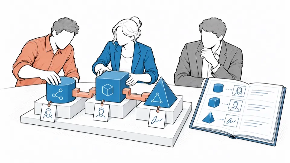 Three people assemble pieces labelled with their origin; a register lists them.