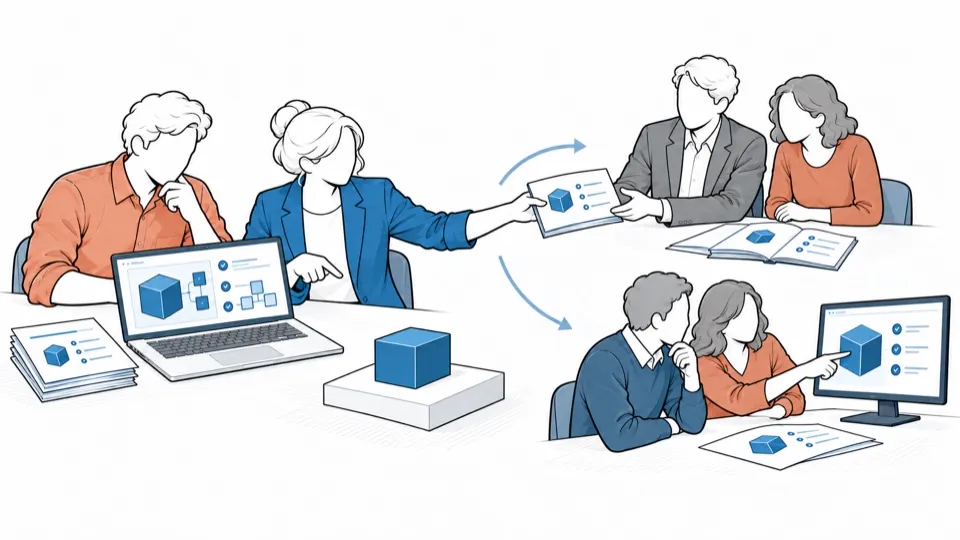 A person hands materials to two pairs of colleagues, who take them up at their desks.