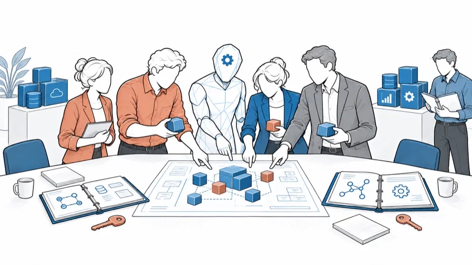 A large team leans over a shared plan, each with their bricks and their keys.