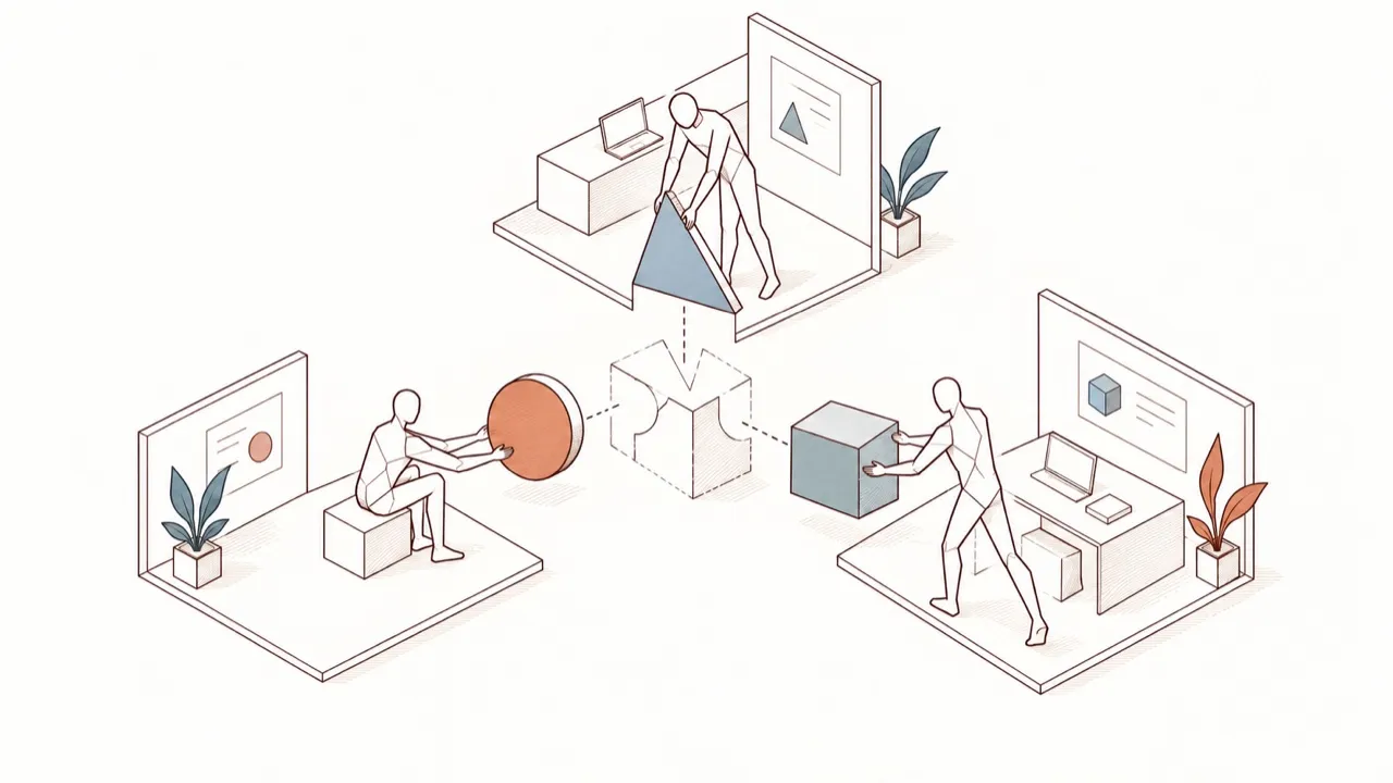 Three people, each in their own space, bring their piece to a shared assembly.