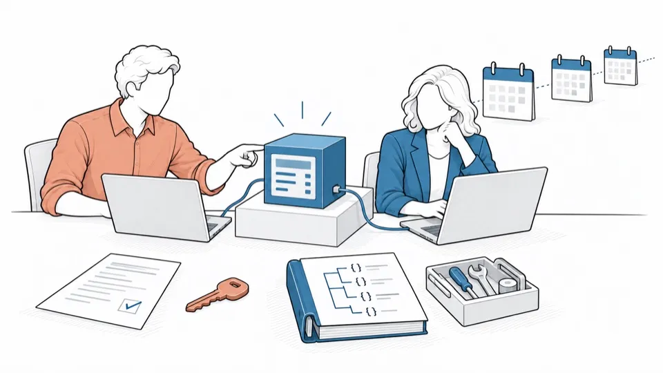 Two people work with their brick; on the table, the contract, the key, the documentation and the tools.