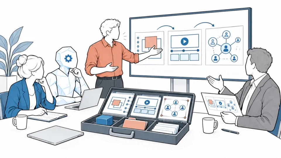 A team runs the adoption itself: the materials lie open on the table and the board shows the journey.