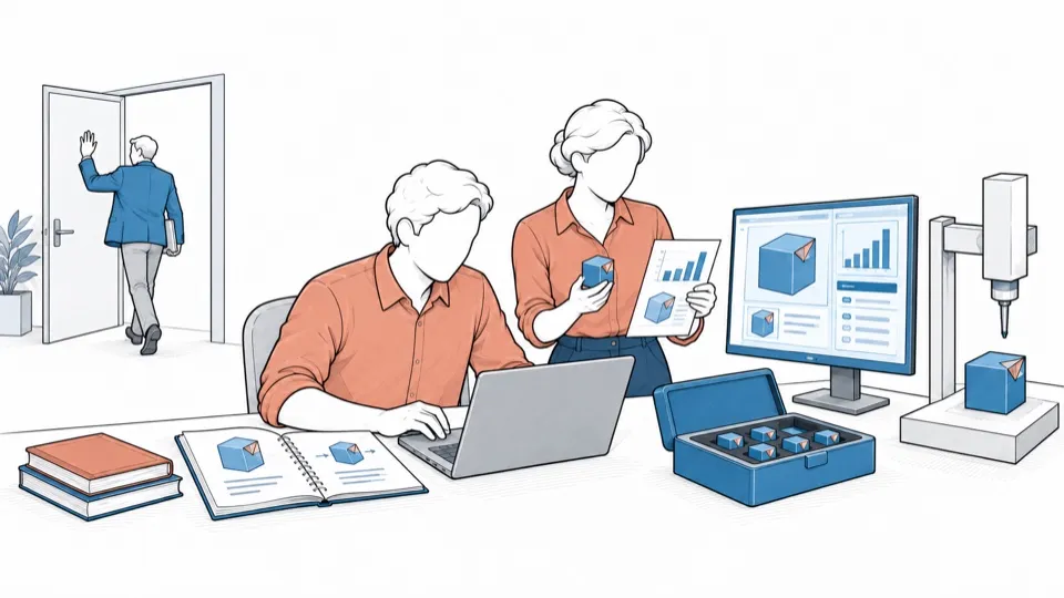 Two people keep working with their tools and bricks while a third leaves the room.