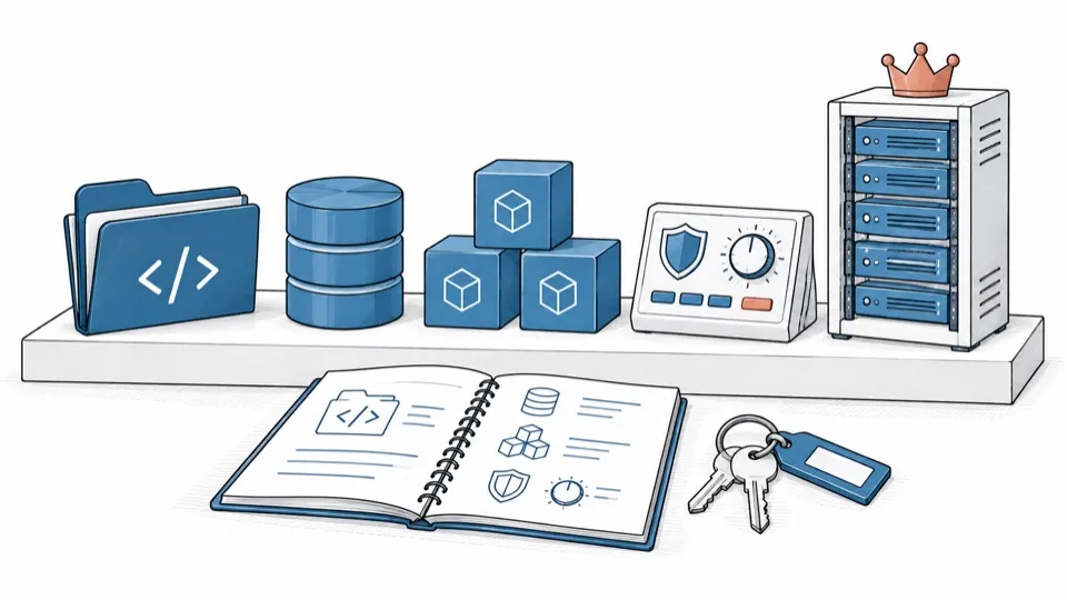 On a shelf: a code folder, a database, bricks, a security panel and a crowned server rack; in front, a notebook and keys.