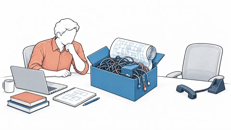 A puzzled person in front of a box of tangled cables and plans: they received the code without the means to take it over.