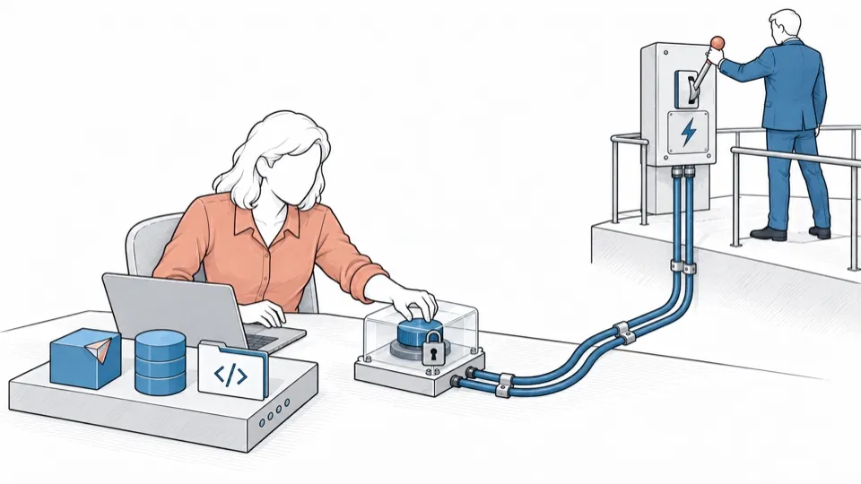 A person works with their bricks; a cable links their desk to a control panel held by someone else, far away.