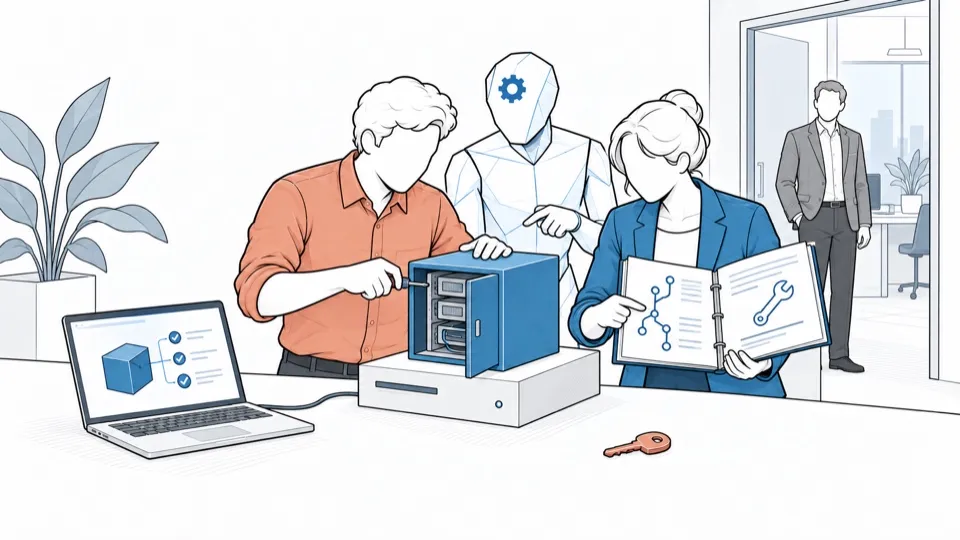 A team opens its machine itself, documentation in hand, with an AI assistant by its side.