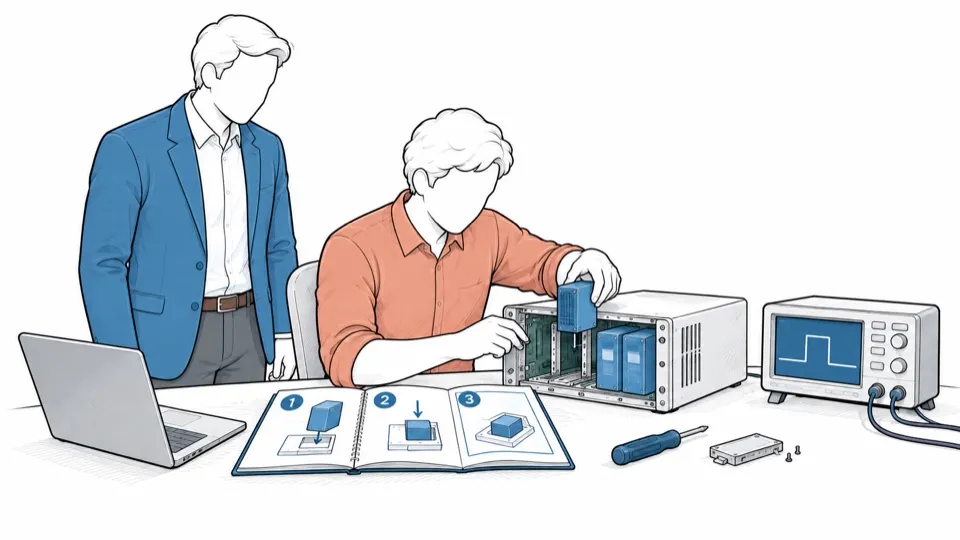 A person works on the machine themselves, documentation open, watched by a colleague.