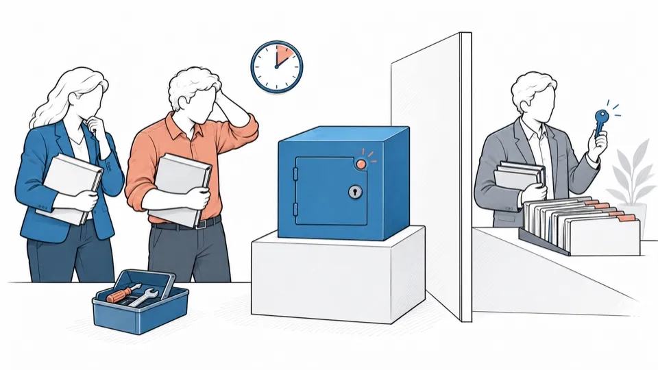 A helpless team in front of a locked safe; behind a partition, only the supplier holds the archives.