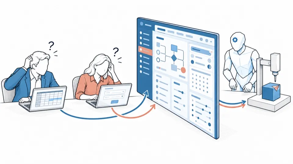 A large interface stands between two puzzled people and the function they want to use.