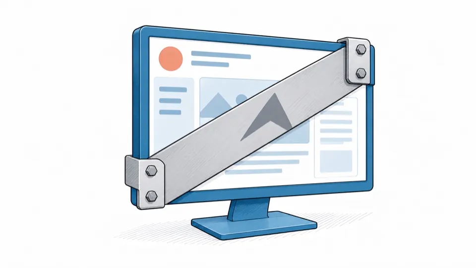 A metal band bolted across a screen hides the application.