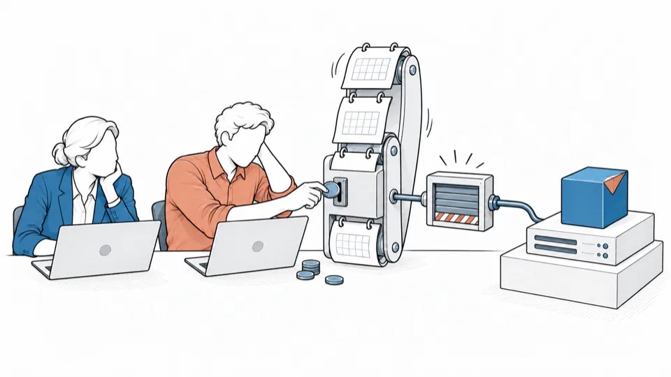 Two people at their laptops; a coin meter stands between them and their brick.