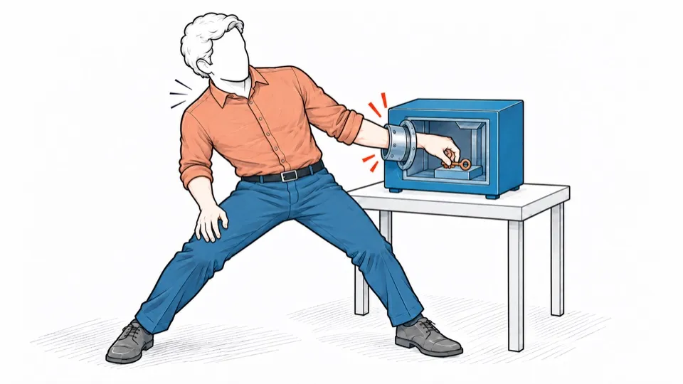 A person pulls with all their strength on their wrist, caught in a box where they tried to take back their key.