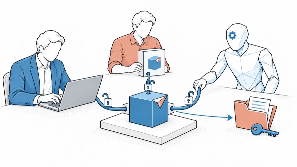 One block opens through several controlled accesses, with a shared key and folder.