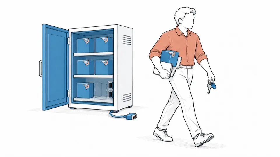 A person walks away, bricks under one arm and key in hand, leaving the cabinet open.