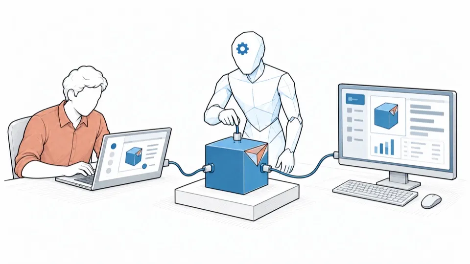 One brick serves a person at their laptop, an AI assistant and an existing workstation.