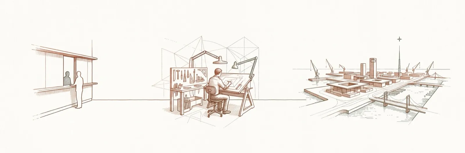 The three eras: the counter, the workshop, the city.